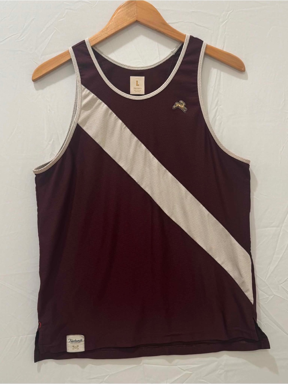 Tracksmith Men's Van Cortland Running Maroon and Cream Diagonal Stripe Tank L
